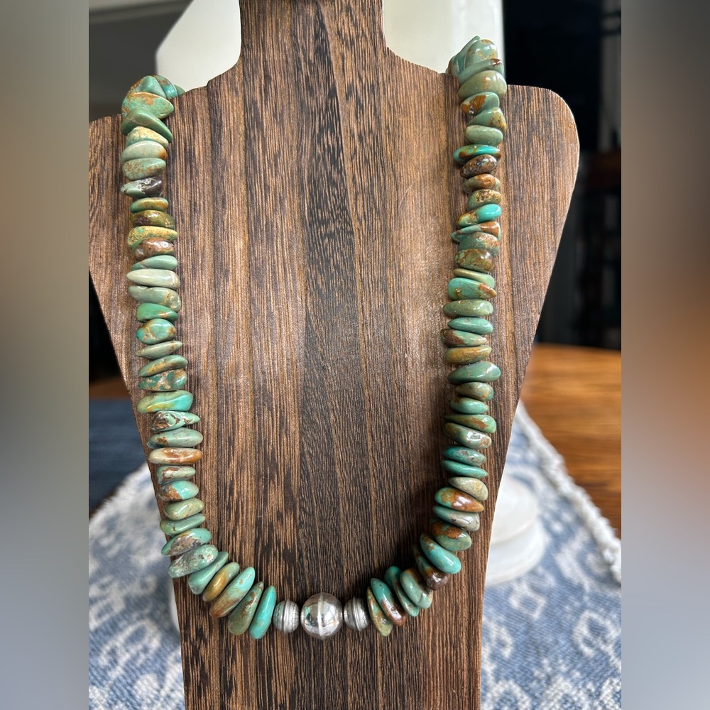 SOLD❤️Gorgeous Green Turquoise & SS Native American Necklace w/extender